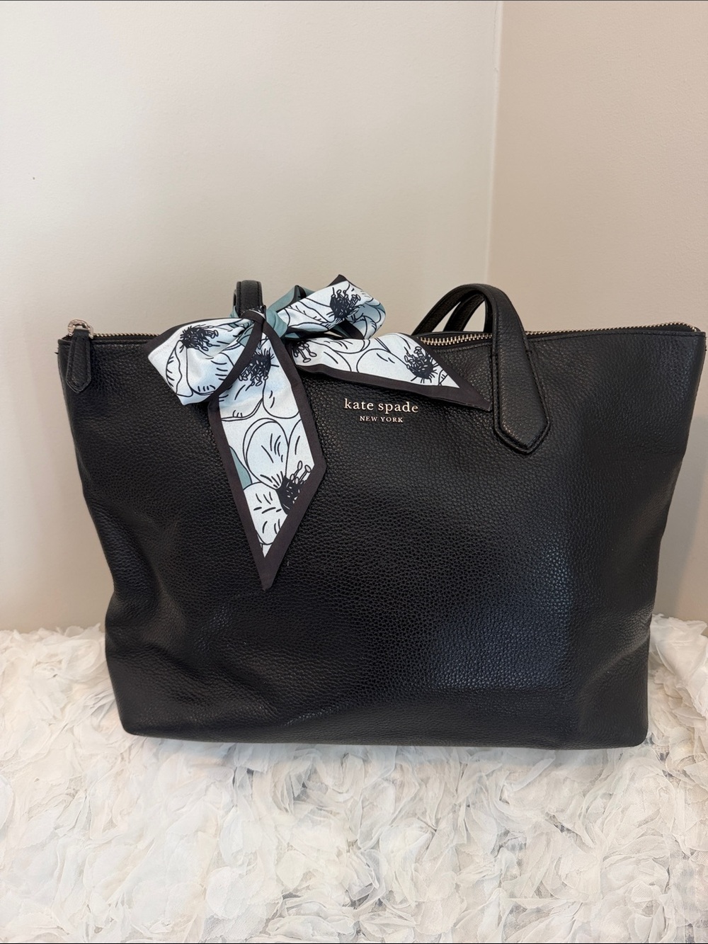 kate spade Black Leather Tote with Floral Scarf Accent